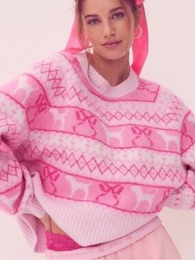 Victoria's Secret PINK x LoveShackFancy Boxy Pink Bow/Dog Print Sweater Sz S NWT